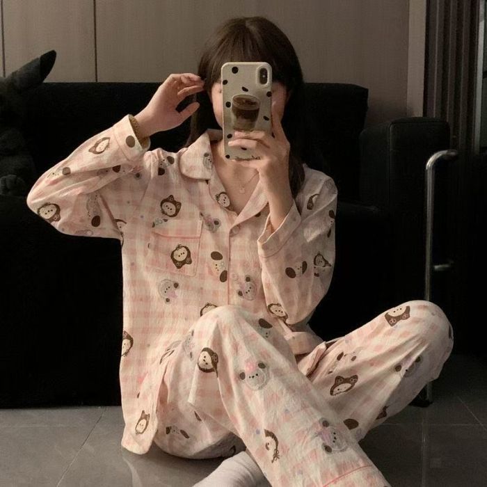 Pijamas de algodón nubes al por mayor transfronterizos primavera y otoño nuevos pantalones de manga larga de dibujos animados cardigan se pueden usar con ropa de casa
