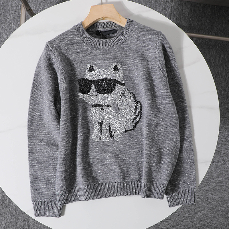 American K'Er~Women's Sequin Design Cat Pattern Long-Sleeved Round Neck Knitted Pullover Sweater 2210
