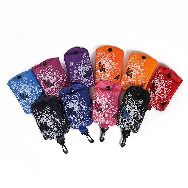 Bolsa de compras plegable de flores de mariposa Portátil Bolsa de protección ambiental en stock logotipo imprimible bolsa de almacenamiento de tela de poliéster Oxford