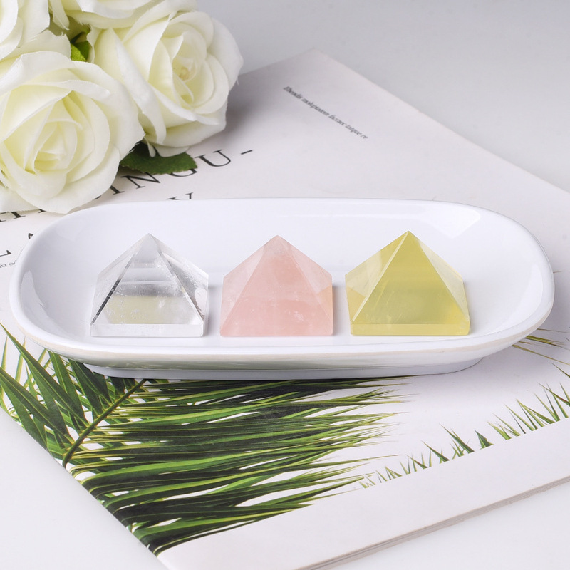Natural white yellow purple tea powder crystal pyramid crystal degaussing four sides Egyptian tower home living room porch ornaments