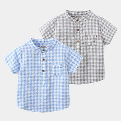 Children's cotton blue T-shirt 2023 summer boys' short-sleeved shirt Fashionable casual short-sleeved plaid shirt