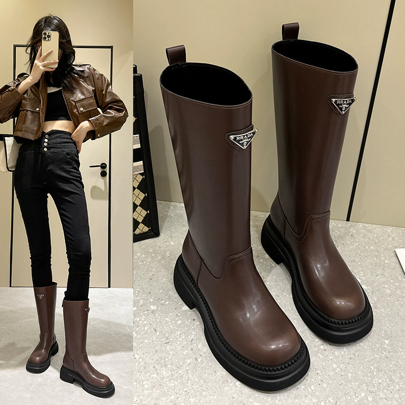 Ботинки рыцарей на платформе, женские новые модные сапоги средней высоты Челси из воловьей кожи в британском стиле на грубом каблуке с рукавами-Подогревателем