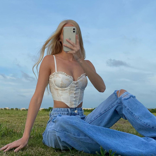 Summer new product printed suspender fishbone corset lace short vest cross-border foreign trade European and American fashion crop top