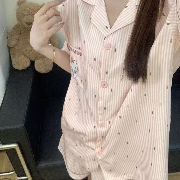 工場卸売ピンクストライプ子猫 2025 新しい人気の半袖ショーツツーピースホーム服セット|undefined