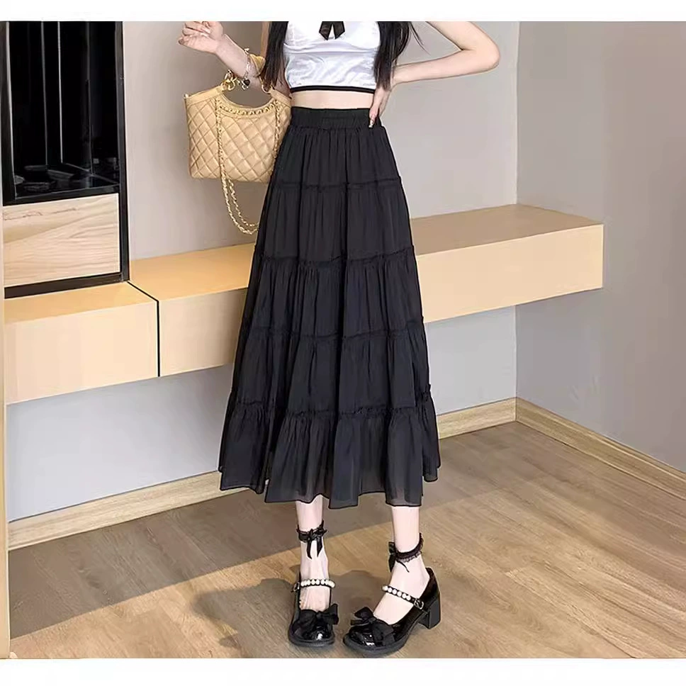 Новая модель 2025 года: юбка А-силуэта из тенсел-шифона с оборками, многоярусная, с завышенной талией, стройнящая, длинная, средней длины, для женщин