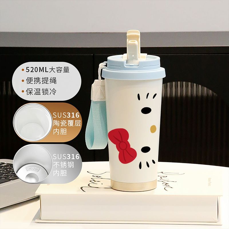 新款童趣咖啡杯316不锈钢保温杯卡通带吸管杯子双饮高颜值喝水杯|undefined