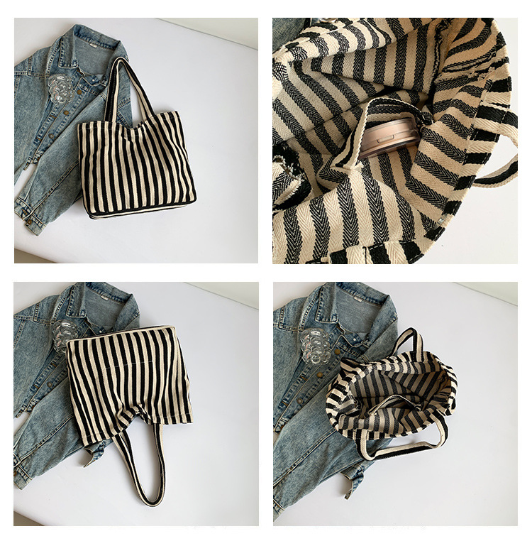 2024 Autumn/Winter new versatile and fashionable striped handbag shopping bag, two-tone large-capacity trendy single-shoulder bag undefined