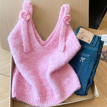 韩系氛围感立体花朵拼接针织马甲女秋冬新款叠穿羊毛无袖毛衣背心