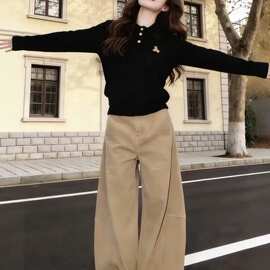 黑色polo衫翻领小熊刺绣修身内搭长袖T恤女秋季2026超火减龄上衣
