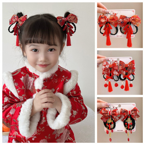 New Year Hairpin Little Girl Happy New Year Plush Hairpin Girl Bow Hair Accessory Baby Ancient Style Hanfu Headwear