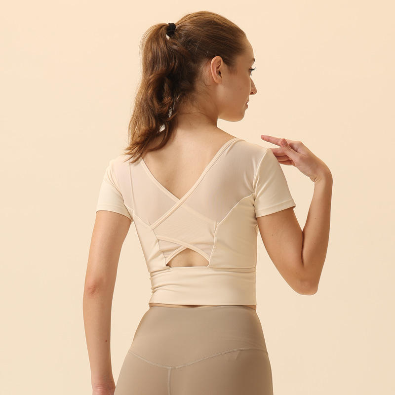 Yoga Clothing Tops for Women, High-End Fitness Clothing, Pilates Training Sports New Short-Sleeved Mesh Cross-Back T-Shirt