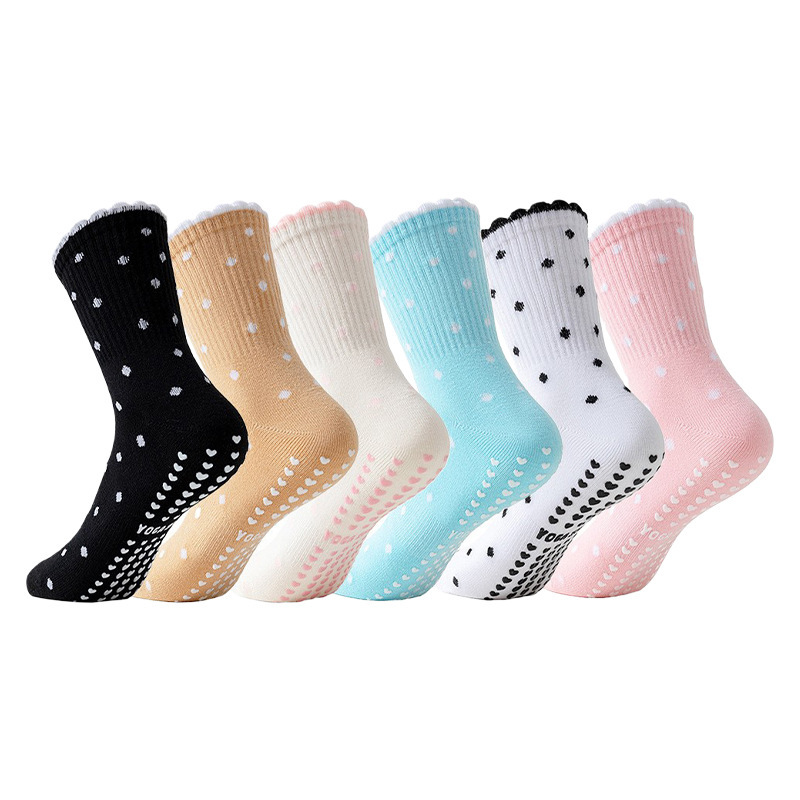 Women's non-slip yoga socks, mid-calf socks with lace and polka dots, professional sports socks for indoor Pilates and fitness floor exercises