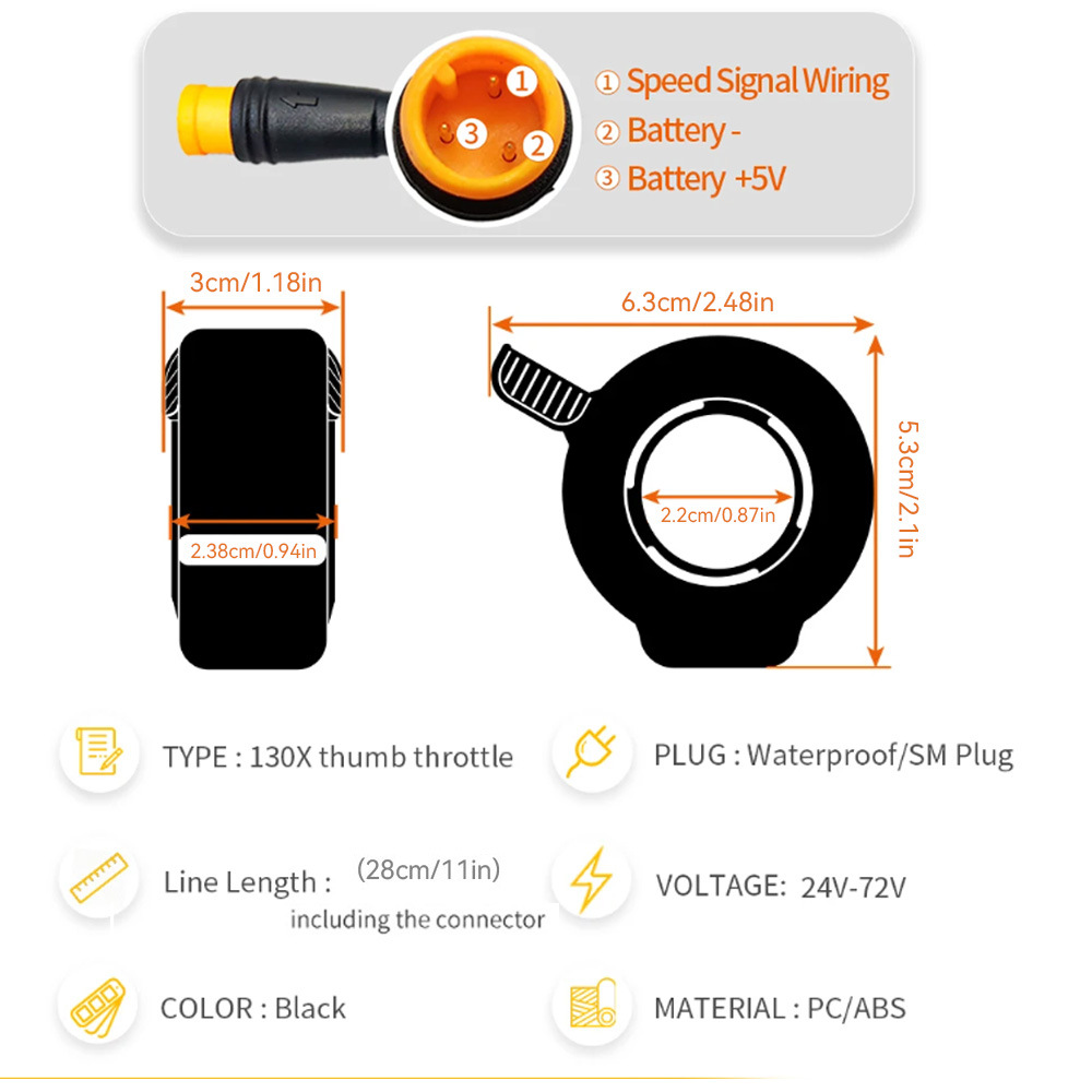 130X Thumb Throttle for Electric Scooter, Waterproof Wp Connector, Electric Bicycle Accelerator