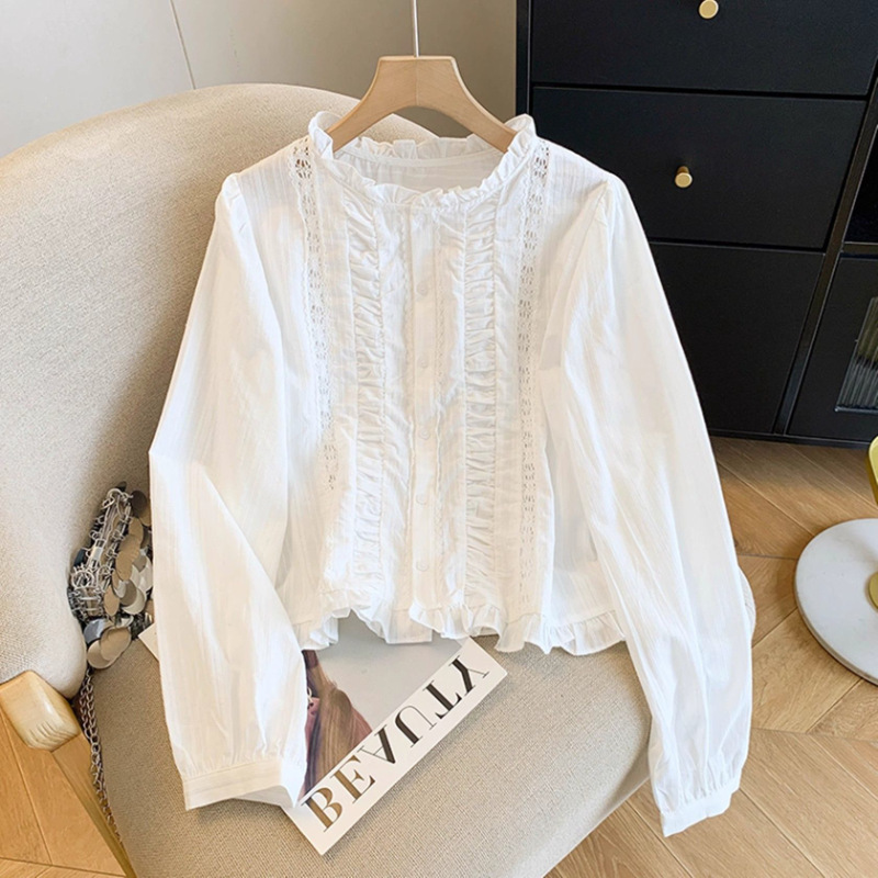 Short women's shirt with ruffled edges, long-sleeved shirt, autumn lace patchwork blouse, base shirt, early autumn top Short women's shirt with ruffled edges, long-sleeved shirt, autumn lace patchwork blouse, base shirt, early autumn top