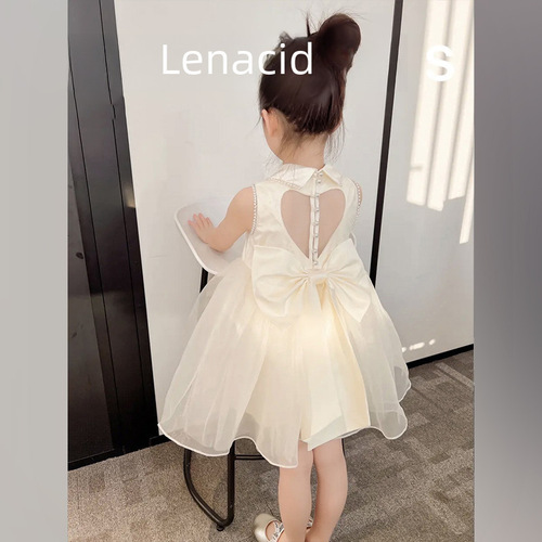 Korean-style trendy 2024 summer girl dress with butterfly bow and heart princess design, lace dress