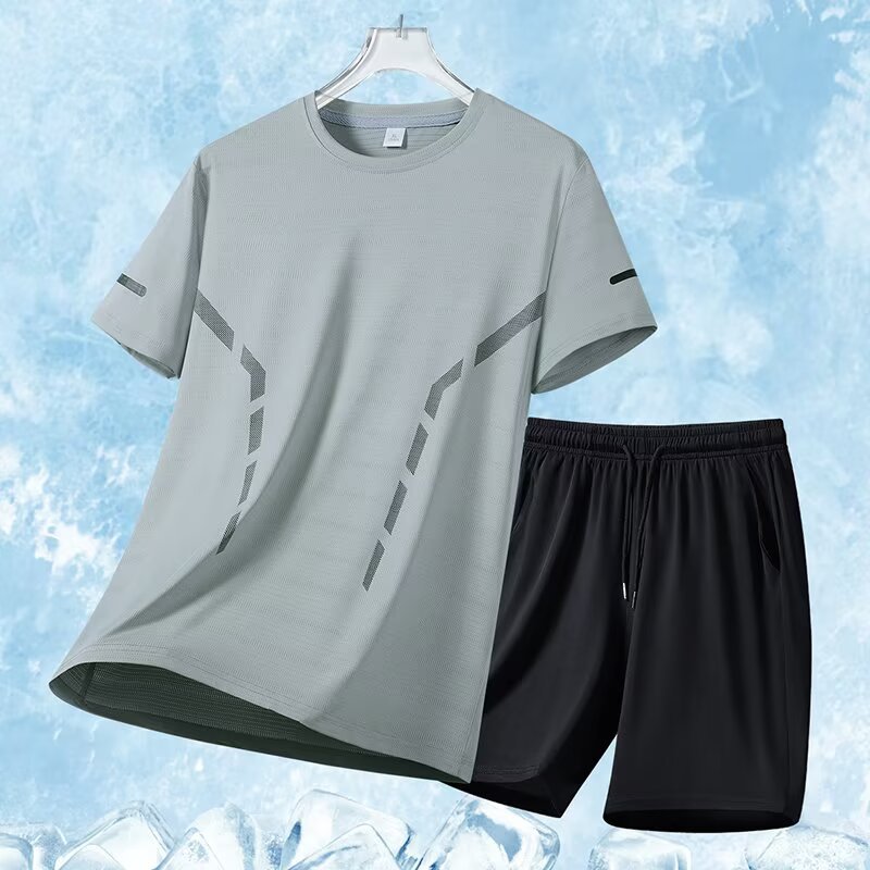 Hielo camiseta delgada hombre y mujer secado rápido correr mangas cortas alta elástica juego deportivo de hielo transpirable dos piezas fabricante de chaqueta superior