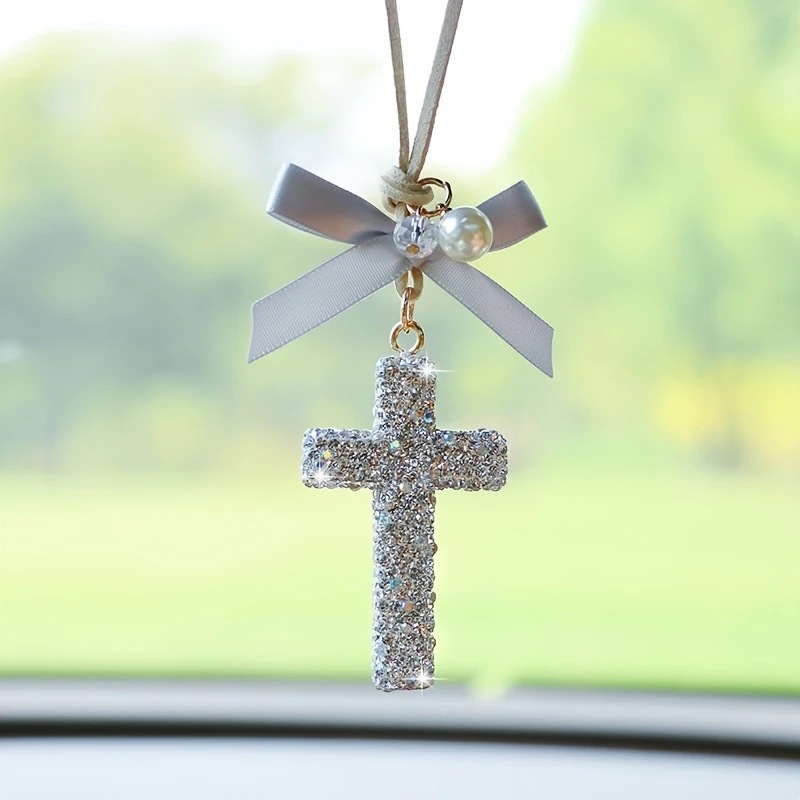 Cross-Border Personalized Car Interior Pendant Rearview Mirror Ornament with Diamond-Encrusted Cross, High-End Car Fashion Accessory Gift