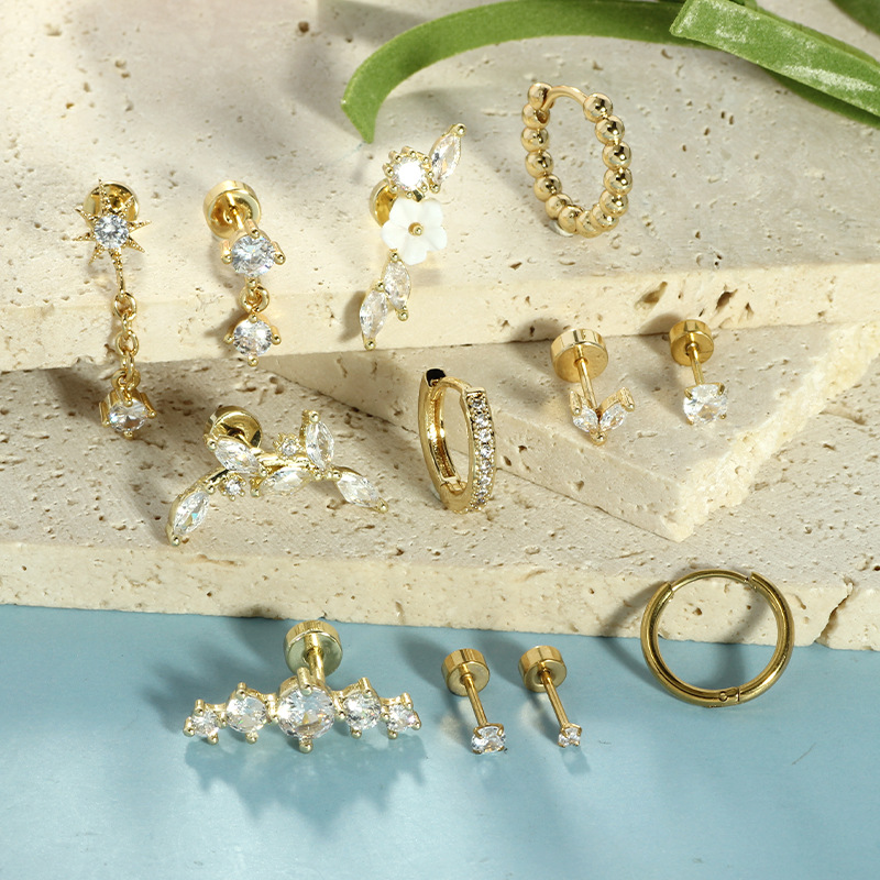12-Piece Gold Stainless Steel Star Diamond CZ Earring Set - Cartilage Studs & Hoops detail image 7