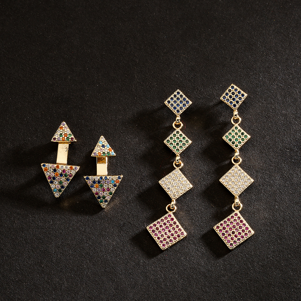 fashion copper 18K gold-plated color zircon square shape earrings