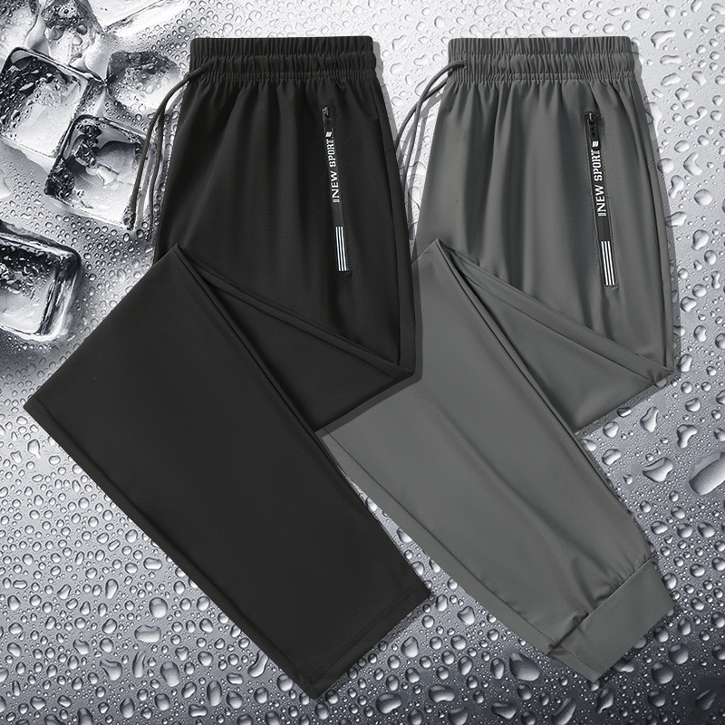 Pantalones de seda hielo de verano con doble cremallera, pantalones largos cortos de verano de talla grande con pierna recta casual