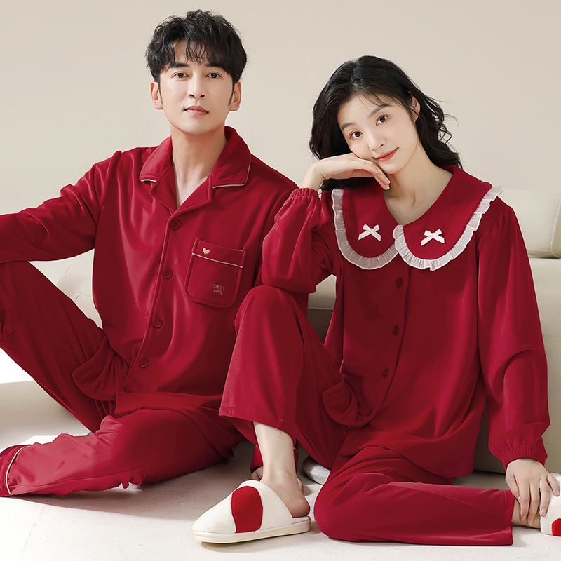 Newlywed Wedding Red Festive Couple Pajamas Winter Coral Velvet Thickeneded Warm Island Velvet Home Wear Set