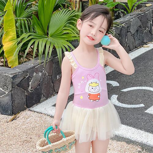Children's one-piece swimsuit for girls, summer cute baby swimming pool hot spring mesh dress-style straight-leg pants