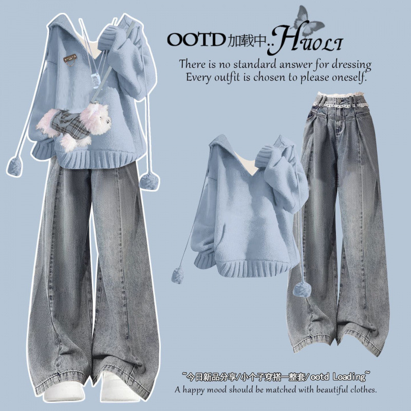 Stunning Dopamine Blue Knit Top Early Autumn Women 2025 New Jeans Korean Style V-Neck Sweater