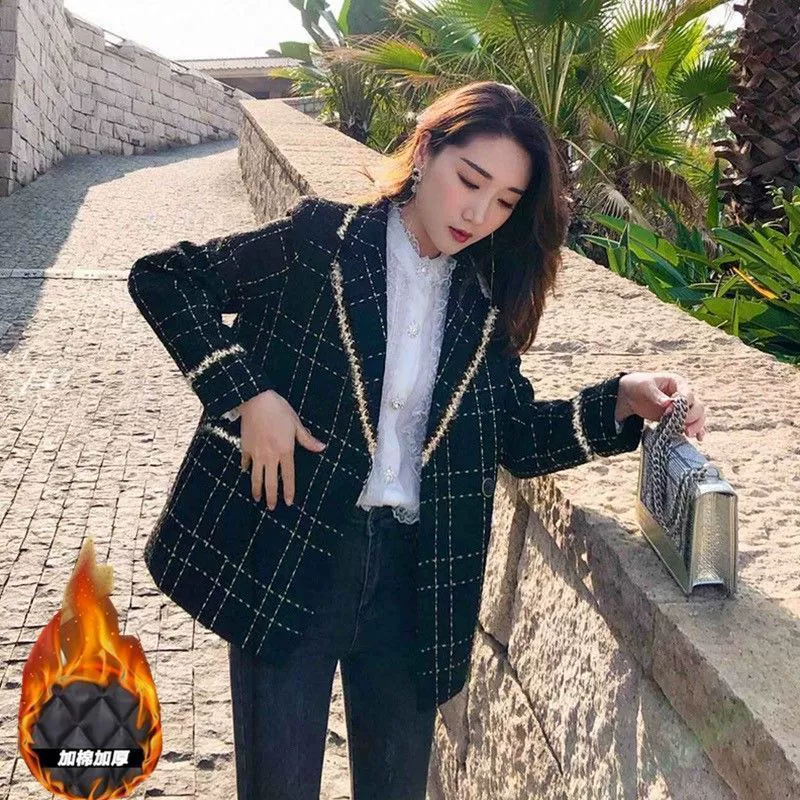 Толстый черный маленький ароматический пиджак женский большой размер 2024 новый осенний и зимний дикий осенний костюм