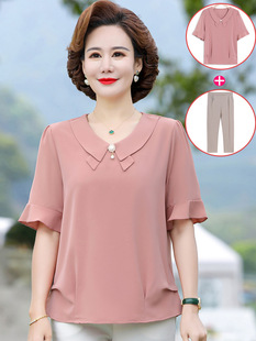 Middle-Aged Mother Summer Top 2025 New Style Foreign Style Age-Reducing Middle-Aged and Elderly Women Short-Sleeved T-Shirt Chiffon Shirt Suit