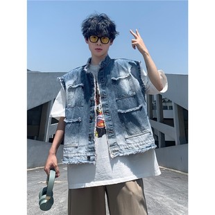 Washed Distressed Gradient Raw Edge Denim Vest Men's American High Street Handsome Loose Sleeveless Vest Layered Jacket