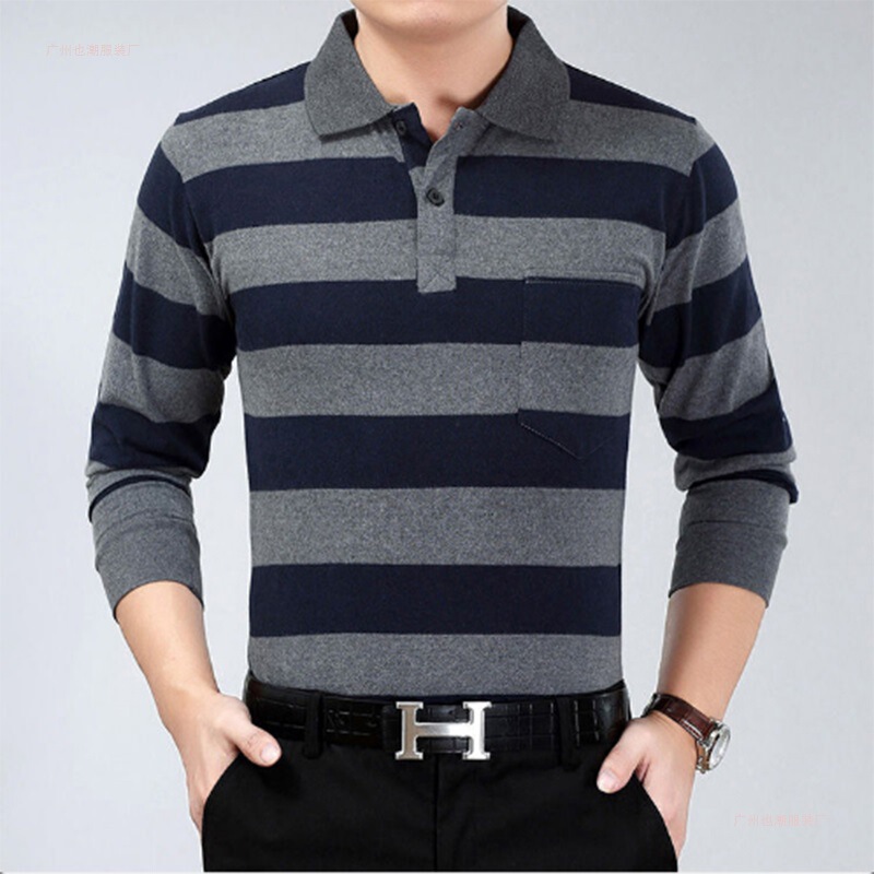 Collared Men's Long-Sleeve T-Shirt for Middle-Aged and Elderly, Striped Casual Top with Collar, Autumn Wear, Plus Size