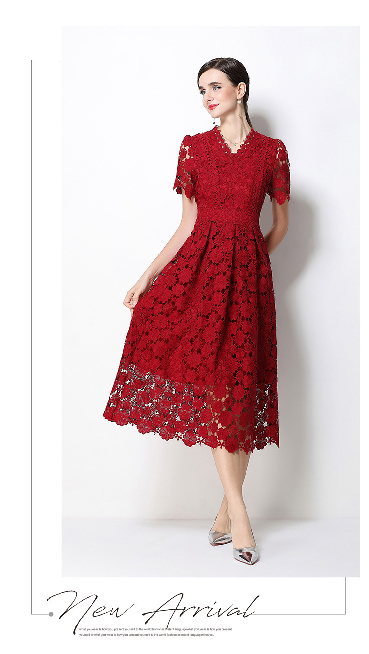 Đầm maxi nữ cổ V ren thắt eo tay ngắn họa tiết rỗng — màu đen, Rượu vang đỏ, màu hồng đậm, màu trắng chi tiết 47
