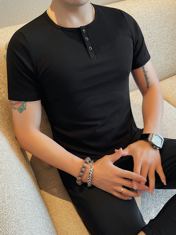 2024 Summer New Men's Lightly Mature Casual Round Neck Breasted T-shirt Slim-fit Simple Boyfriend Style All-match Men's T-shirt