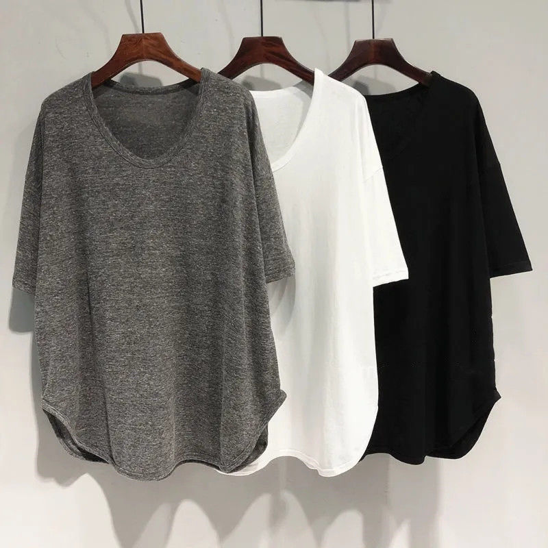 Pregnant Women's Top Summer chubby girl 1.00 kg-150.00 kg Curved Hem Korean Loose U Neck Bat Sleeve T-shirt Short Sleeve Women