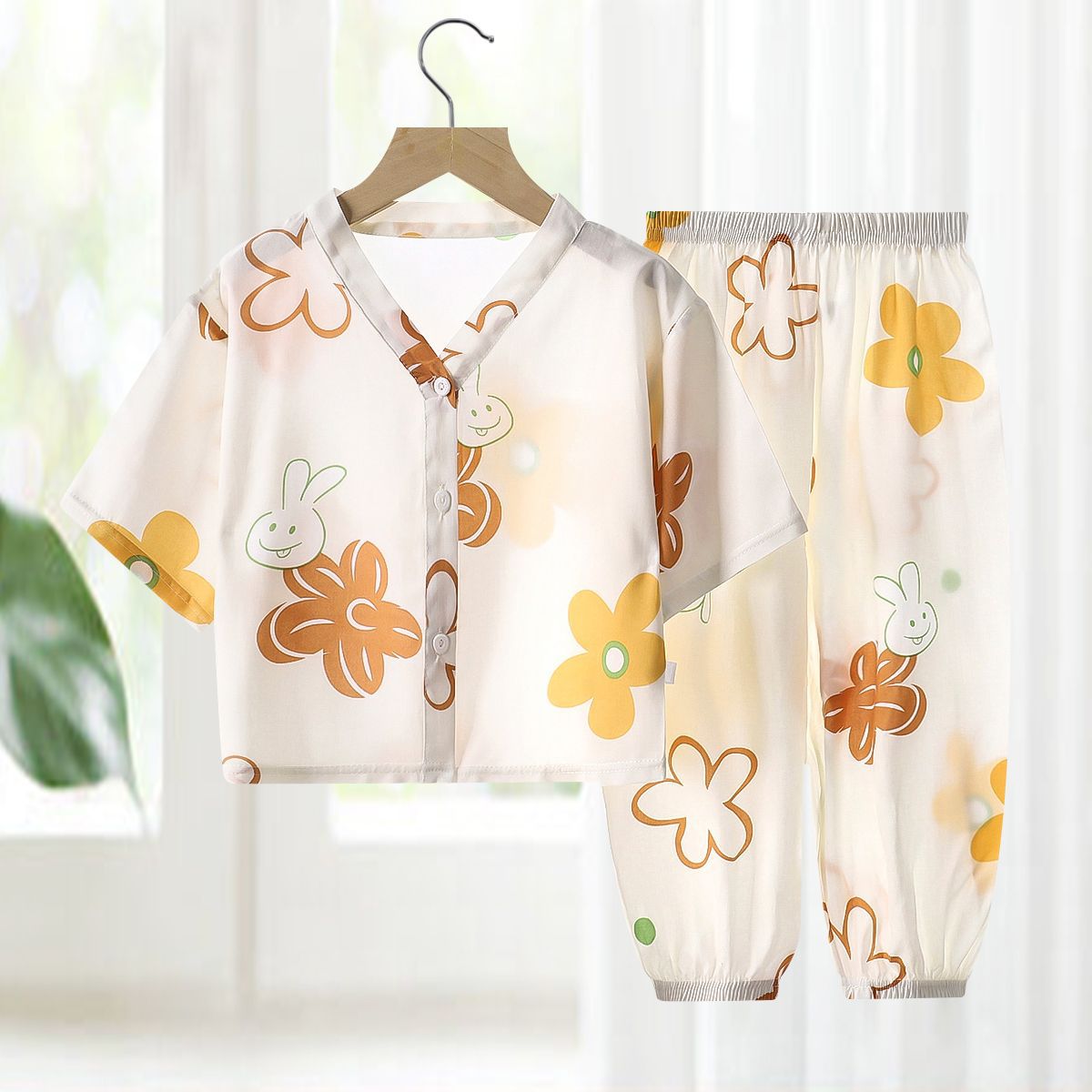 Pajamas de seda de algodón para niños, ropa de aire acondicionado de algodón artificial de verano, ropa para niños y niñas, ropa para el hogar de seda de algodón, dos juegos de ropa infantil