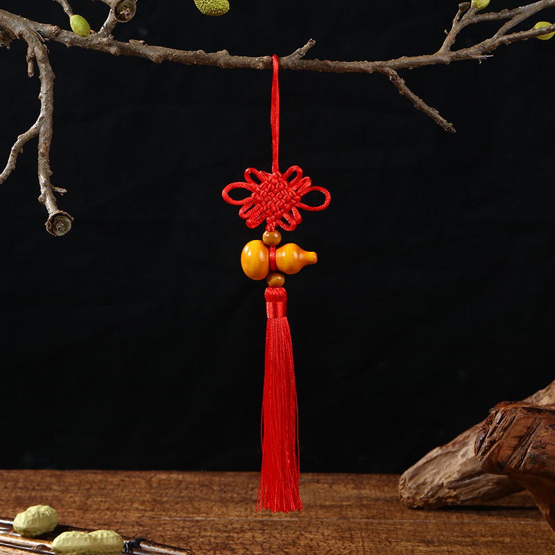 Hand-Woven Chinese Knot Five Blessings Bowknot Chinese Style Peach Wood Gourd Pendant Five Emperors Coins Home Car Hanging Decoration