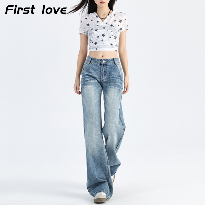 American Retro Flared Jeans for Women 2025 New Low-Waist Cracked Pattern Loose Drape Versatile Straight-Leg Flared Pants