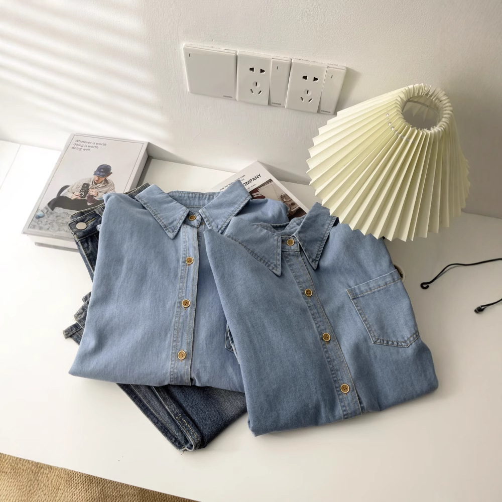 特别好搭配2025翻领单排扣中长款长袖牛仔衬衫上衣初春新款女5411