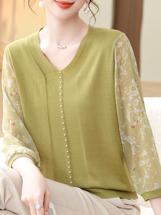 Middle-aged Mother's Spring Dress Western Style V-neck Knitted Shirt with Shirt with Shirt with Shirts for Middle-aged and Old Women's Spring and Summer Thin T-Shirt Base Shirt Top