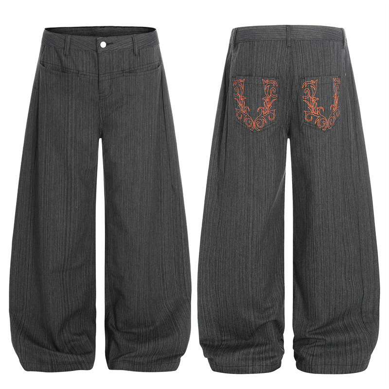 Trendy American Retro Embroidered Back Pocket Scimitar Pants Wide-Leg Loose Straight Jeans Men's Floor-Length Pants