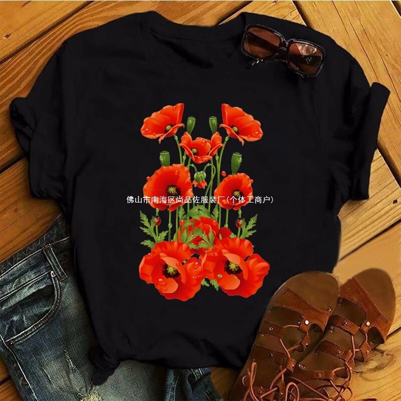 Fashionable Red Women's T-Shirt with Funny Black Print, Women's Short-Sleeve T-Shirt, Harajuku T-Shirt, 90S Girl Style, European and American Style Fashionable Red Women's T-Shirt with Funny Black Print, Women's Short-Sleeve T-Shirt, Harajuku T-Shirt, 90S Girl Style, European and American Style