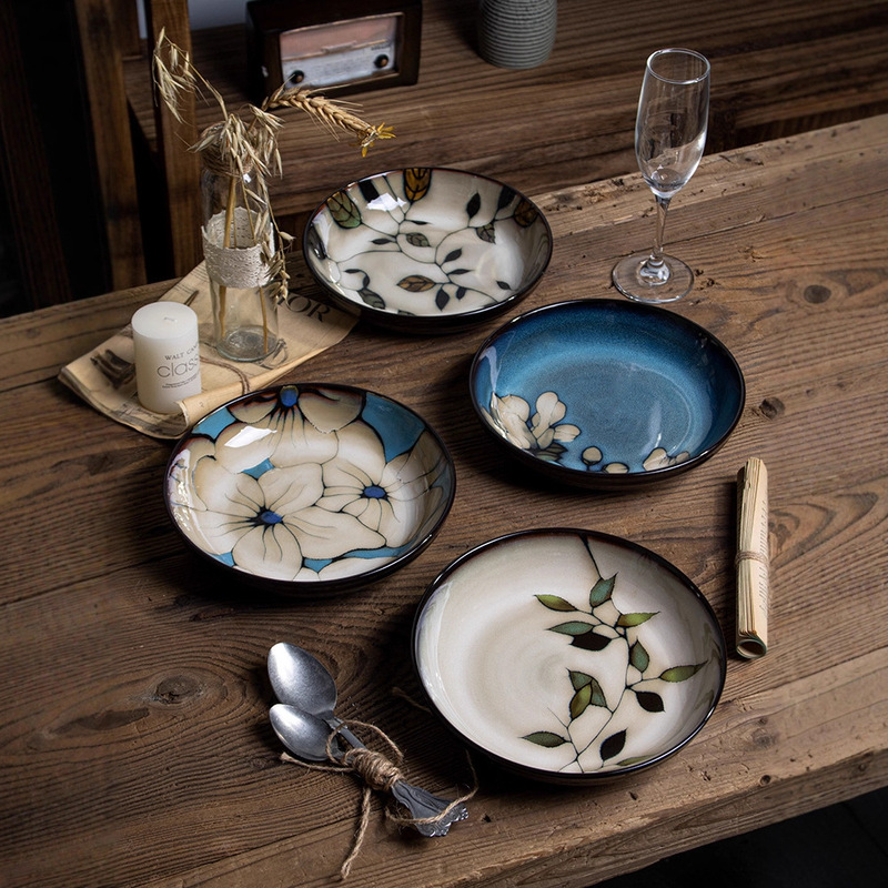 European Underglaze Color Ceramic Hand-Painted Deep Dish Kiln Glaze Tableware Hand Flower Soup Plate Creative Dessert Plate Household Dish Plate