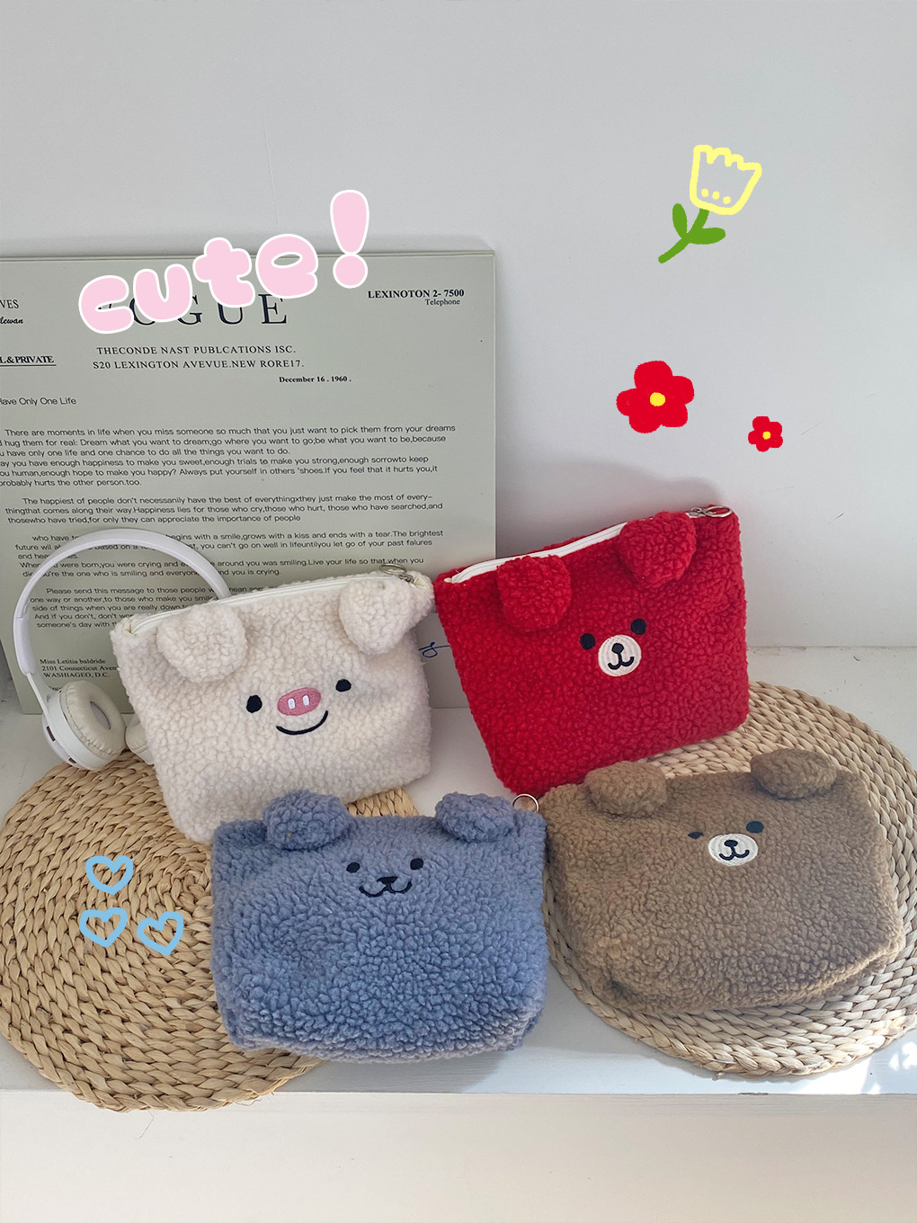 Bolsas de maquillaje bordadas de dibujos animados en otoño y invierno nuevos bolsas de peluche lindas bolsas de almacenamiento de maquillaje portátiles bolsas de lavado