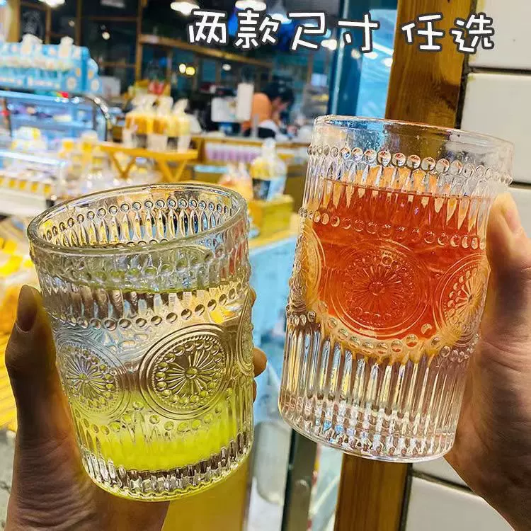 批发现货复古浮雕金边玻璃杯茶杯咖啡杯透明伴手礼家用喝水杯子