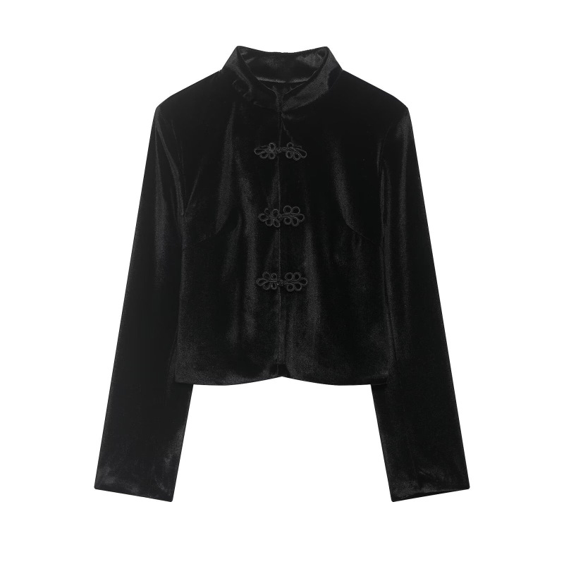 European and American Women's Clothing Foreign Trade Manufacturer Spring Style Retro Intellectual Stand-Collar Velvet Chinese Style Short Blazer