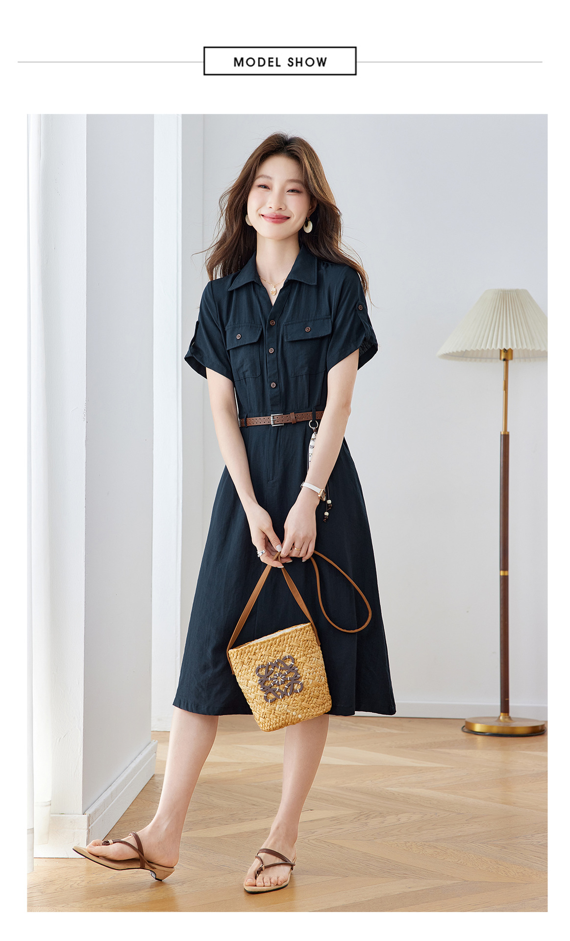 Đầm maxi nữ cổ bẻ thắt eo dáng suông kèm dây lưng — Xanh lông mòng đen, màu trắng chi tiết 12