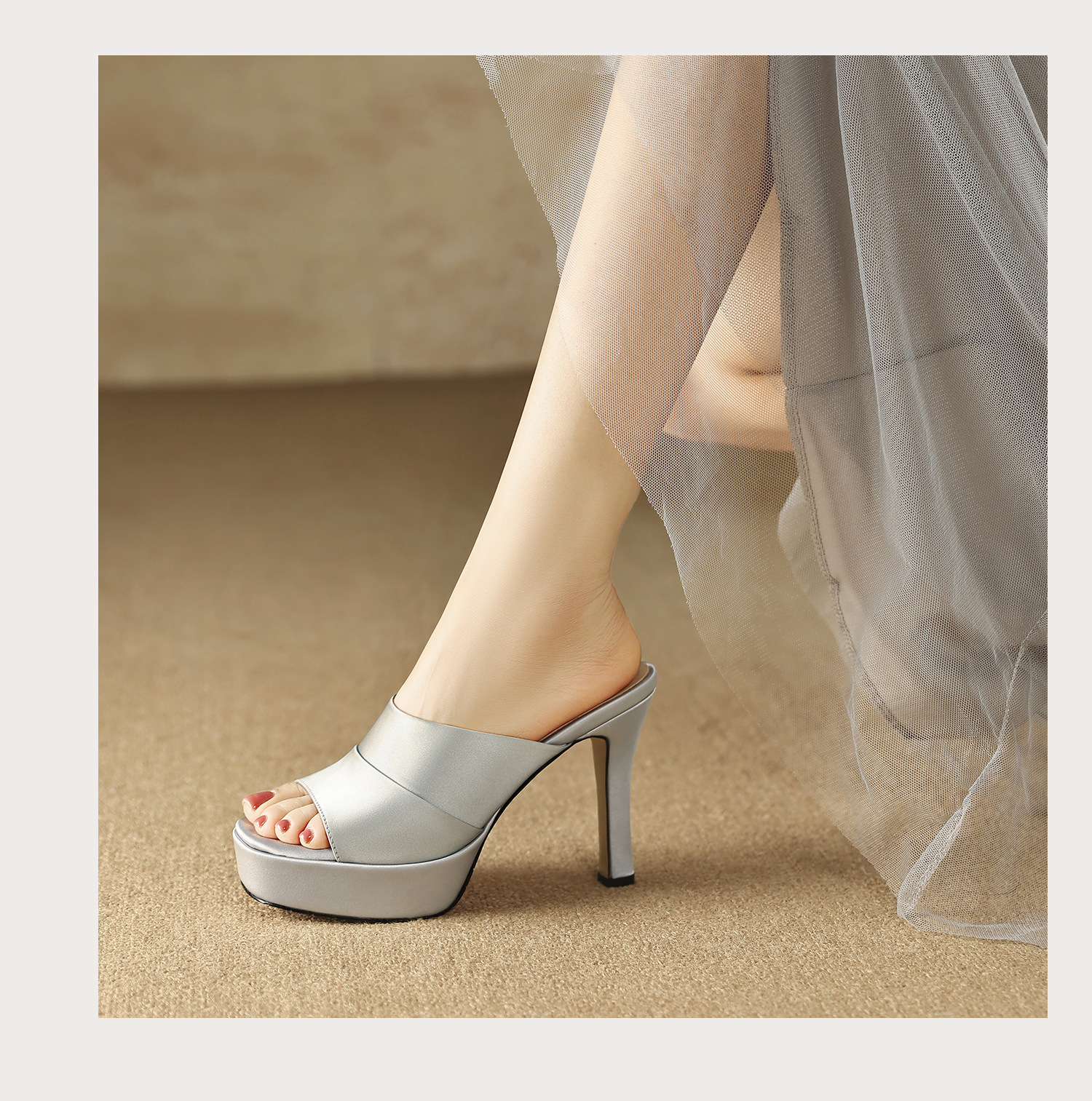 Sandal cao gót nữ quai ngang hở mũi đế platform gót nhọn 9 cm — màu đen, bạc chi tiết 11