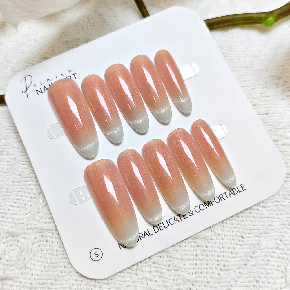 Polvo desnudo blanco gradiente ojo de gato manicura elegante largo desgaste de uñas 10 piezas de parche de uñas de código de decodificación terminado image 3