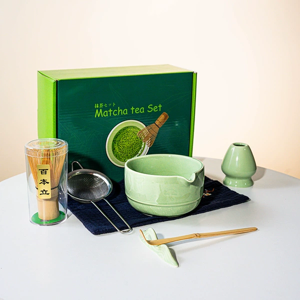FJT Mushroom Straight Bowl Green 7-Piece Set (Dark Green Color Box + Blue Tea Towel)