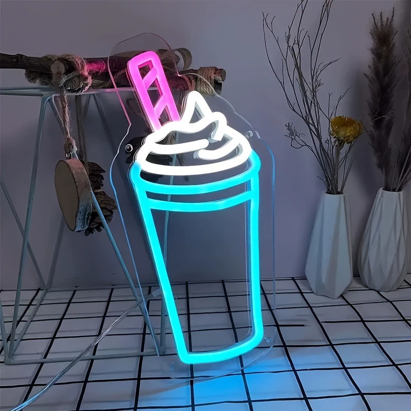 Прозрачная задняя панель, внутренняя отделка, линия переключателя, неоновая вывеска для напитков мороженого, настенная светящаяся вывеска.